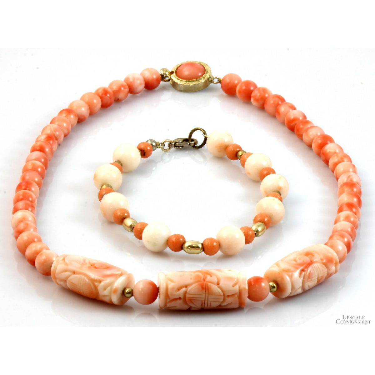 Salmon & Angel Skin Coral Jewelry Set - Carved  Shou Barrel Beads