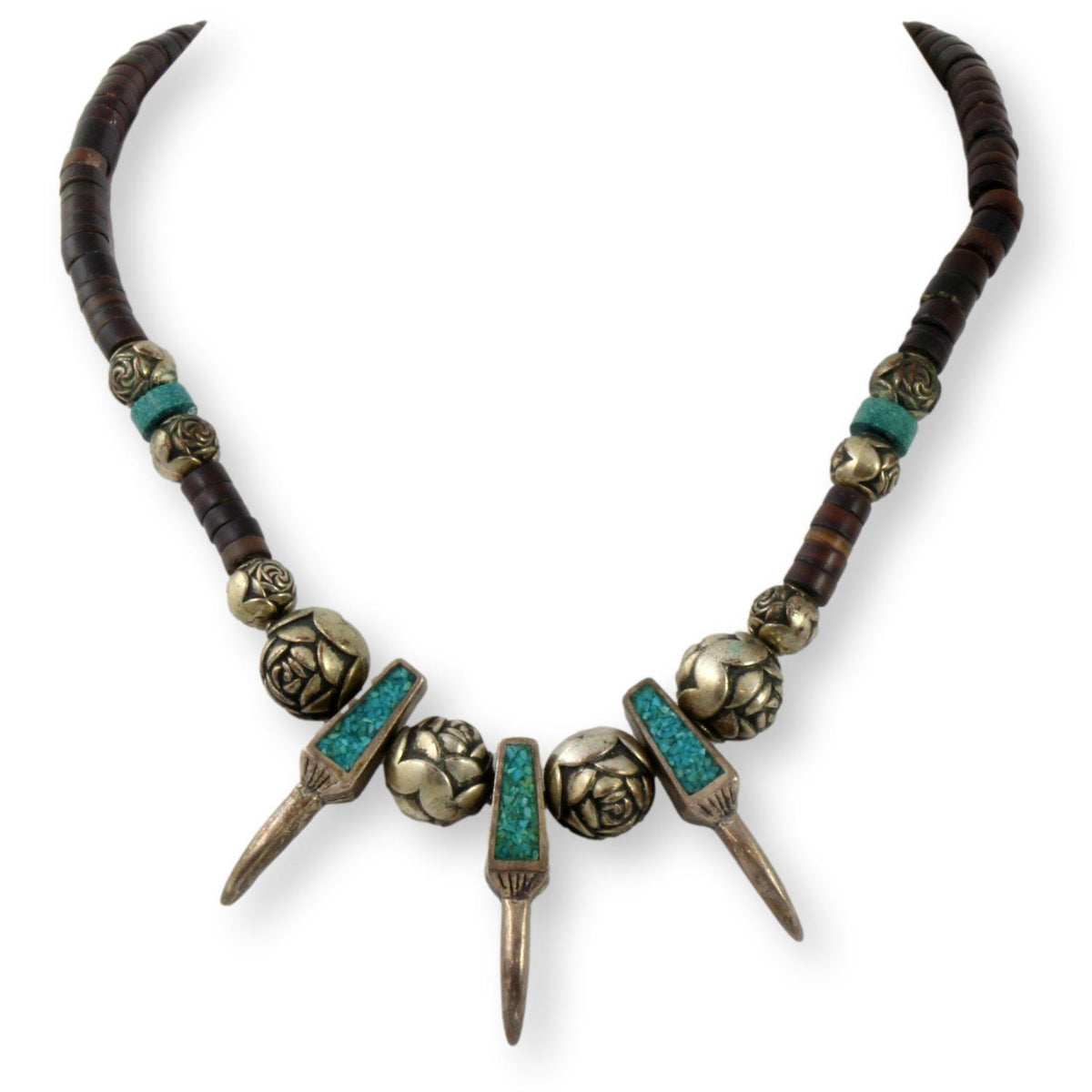 Petrified Wood Carved Silver Turquoise Bear Claw Necklace