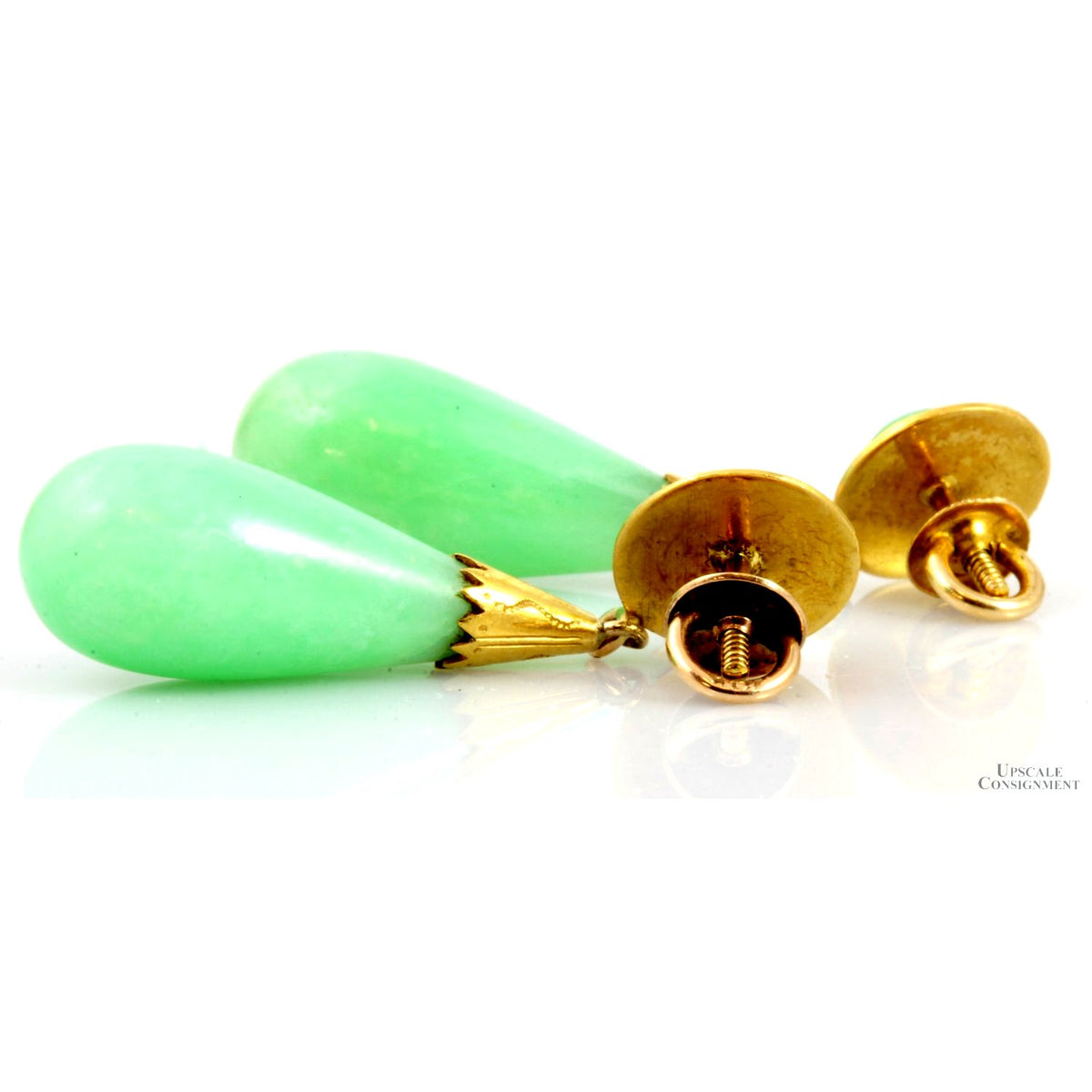 14K Yellow Gold Apple Green Jadeite Jade Drop Earrings