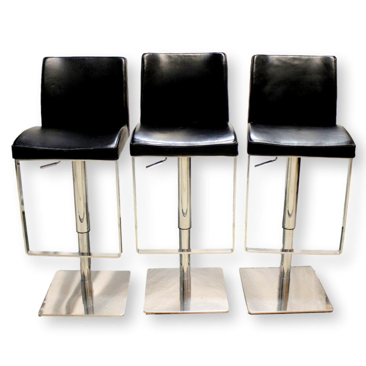 Trio of Modern Black Leather Adjustable Height Stools