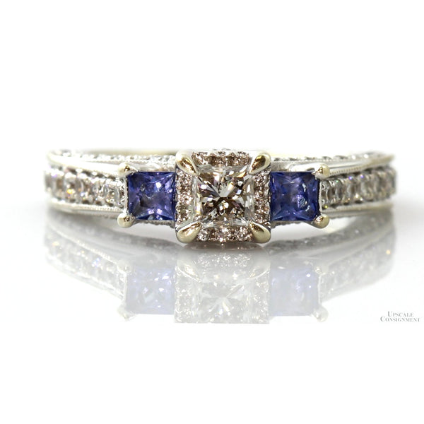 1 ctw Diamond .46ctw Sapphire 14K White Gold Engagement Ring