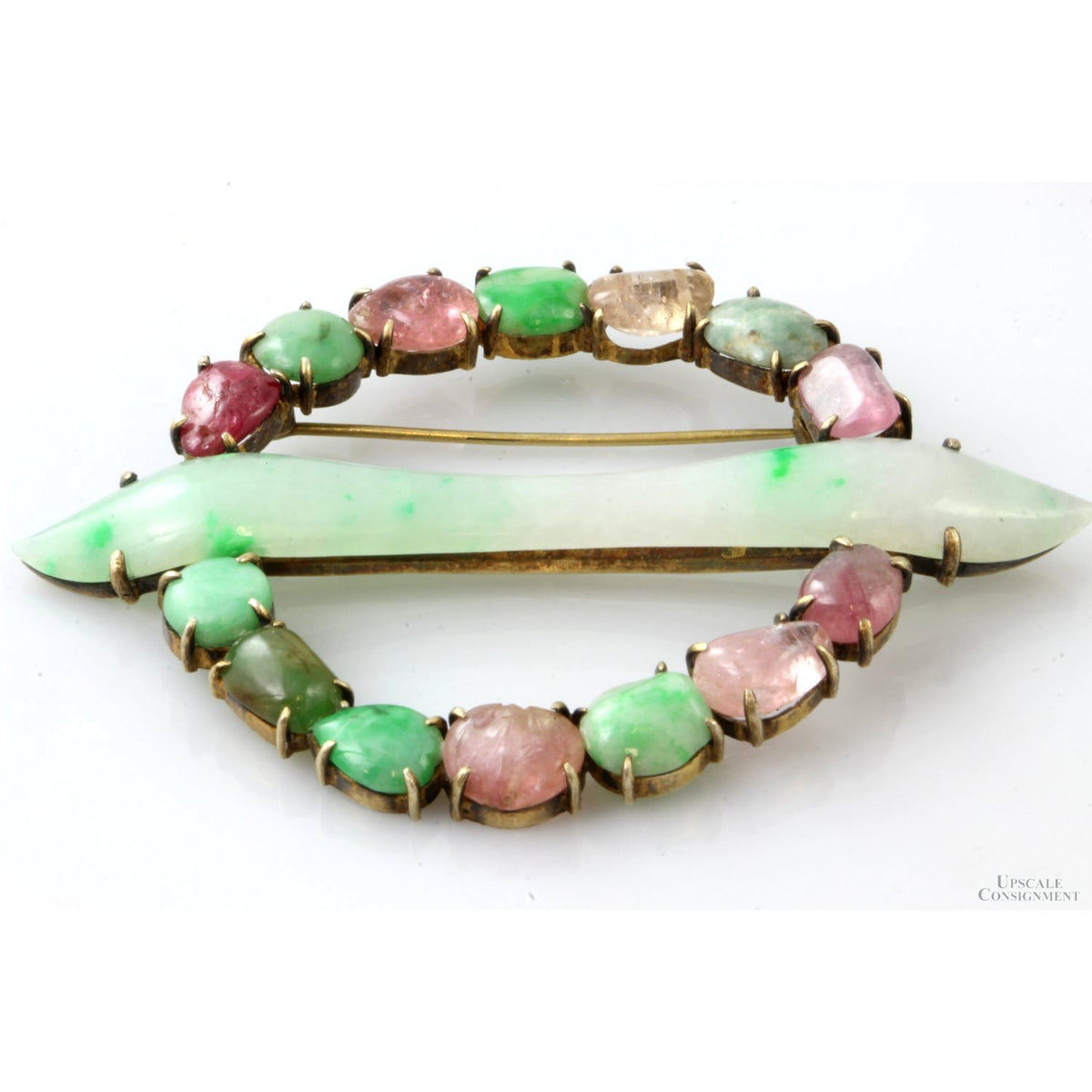 Grade A Jadeite Jade Semi-Precious Gemstone Antique Vermeil Brooch