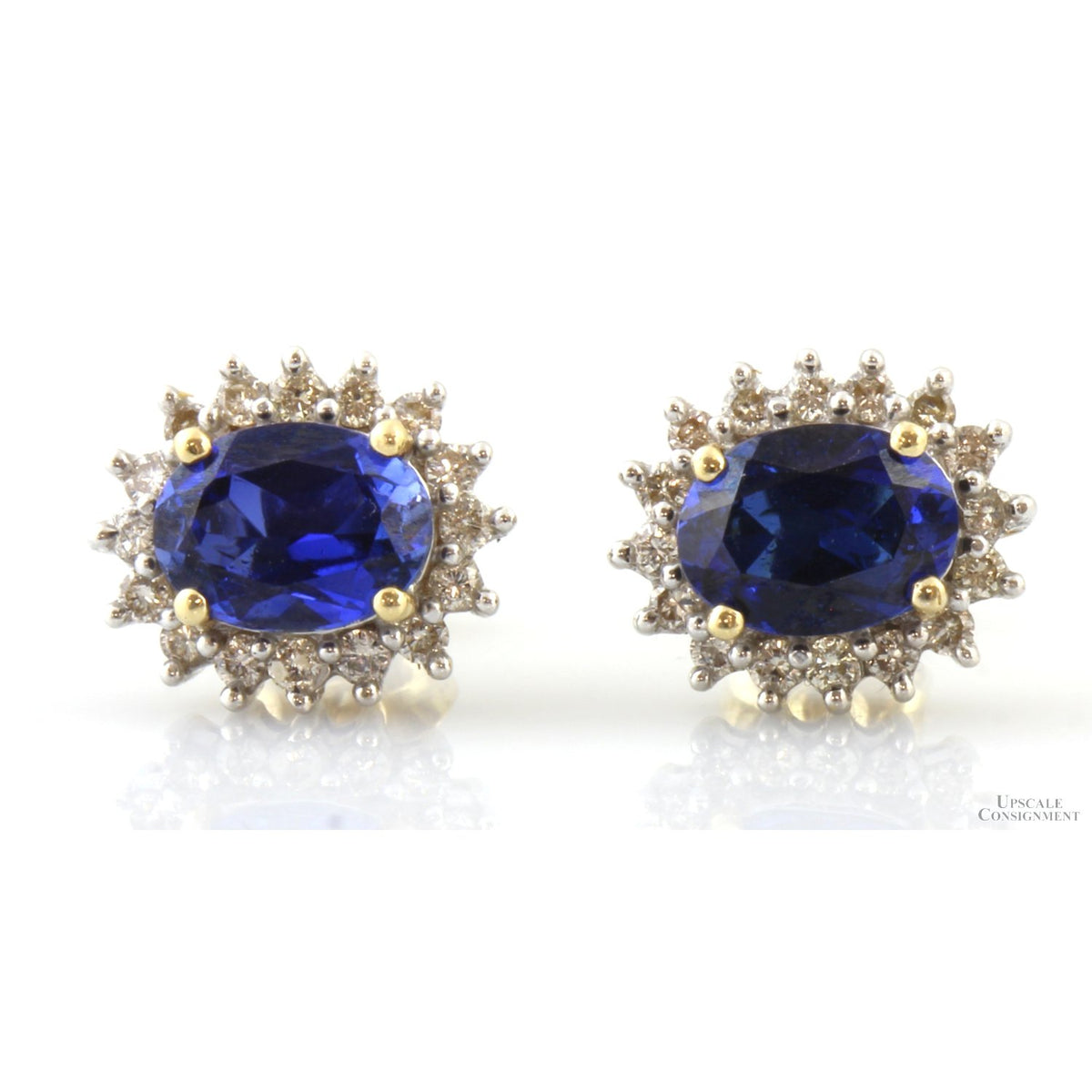 Signed Diamond Halo Blue Sapphire Earrings in 14K Gold