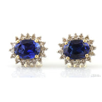 Signed Diamond Halo Blue Sapphire Earrings in 14K Gold