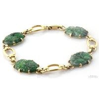 Carved Green Jadeite Jade 14K Gold Link Bracelet | Mid-Century
