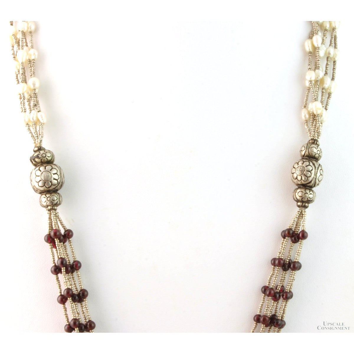 Multi-Strand Freshwater Pearl & Garnet Sterling Silver Necklace