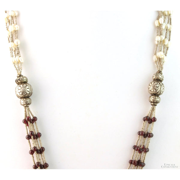 Multi-Strand Freshwater Pearl & Garnet Sterling Silver Necklace