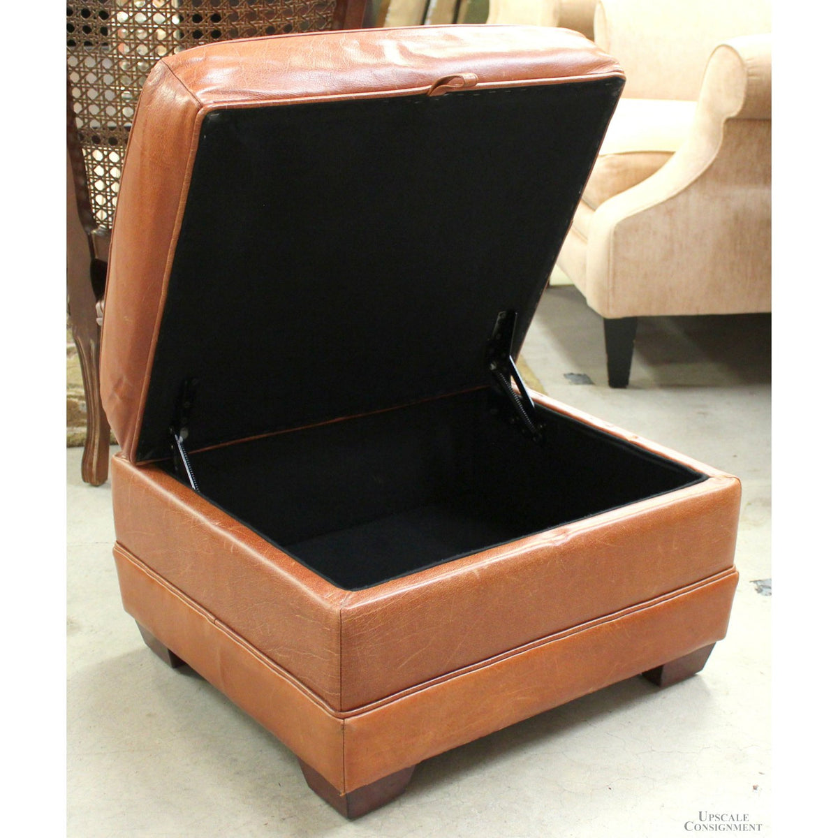Cognac Leather Club Chair w/Storage Ottoman