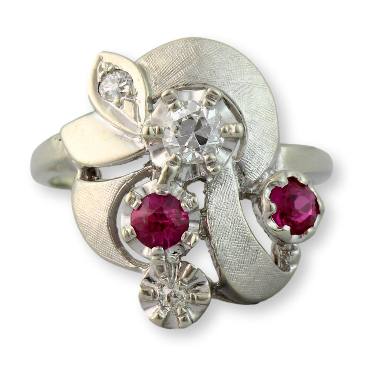 Old European & Old Mine Cut Diamonds - 14K White Gold Ribbon Ring