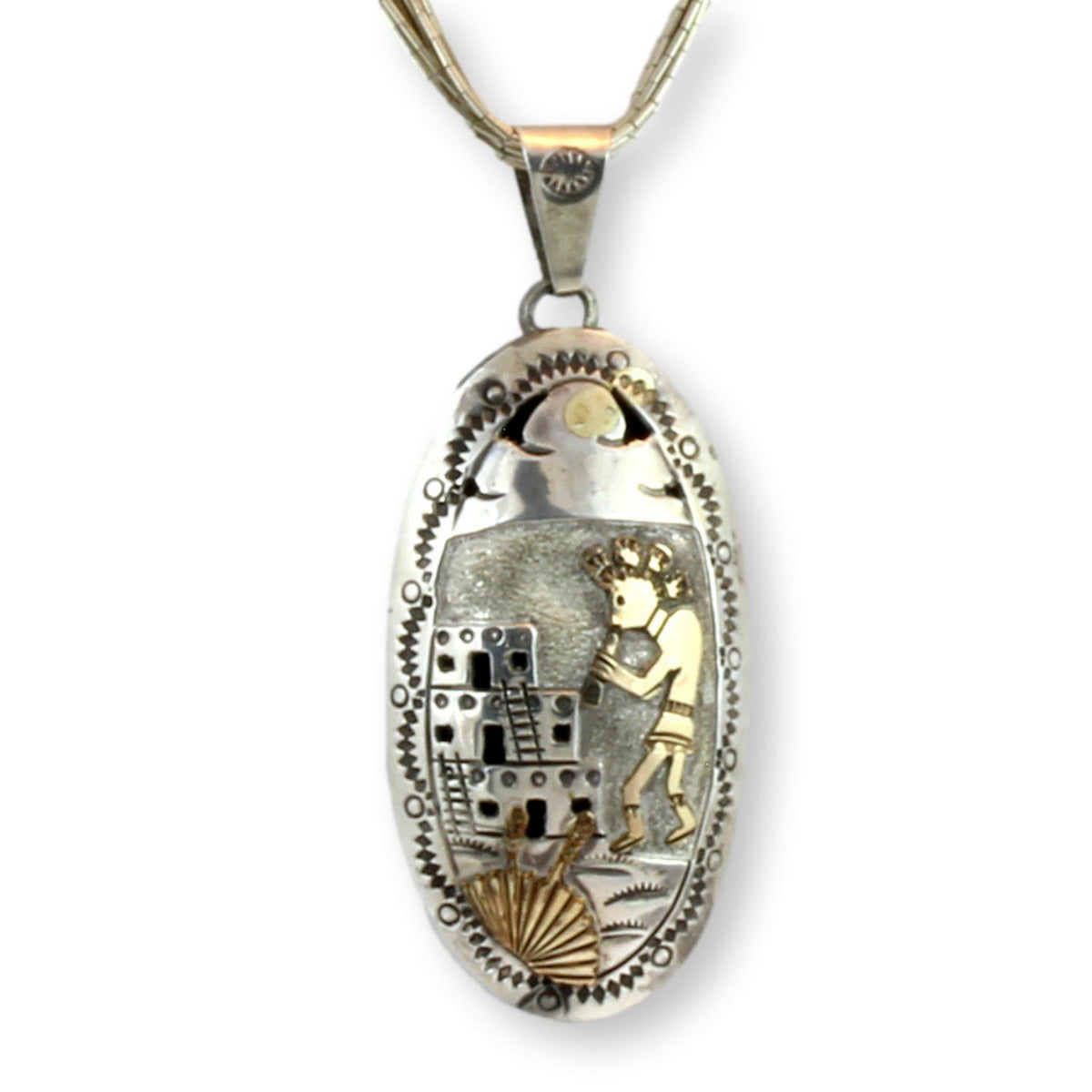 Navajo Henry Davis Sterling Silver Kokopelli Storyteller Pendant Necklace 12K Gold Overlay Liquid Silver 20”