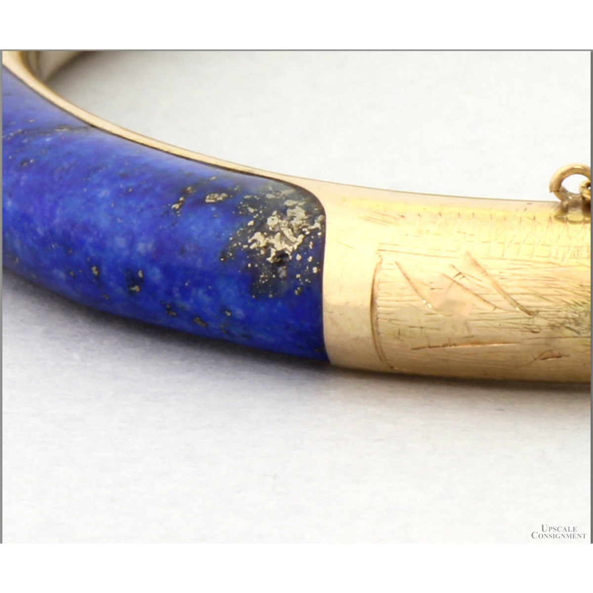 Vintage 14K Gold & Lapis Hinged Bangle | Natural Pyrite Inclusions