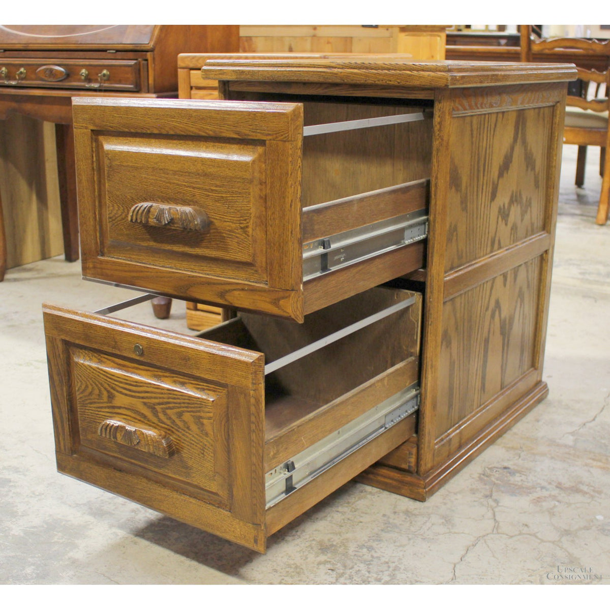 Oak 2 Drawer File Cabinet w/Carved Handles