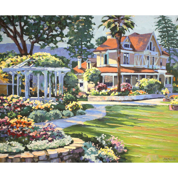 Framed Original Oil Painting - Sunny Garden w/Gazebo