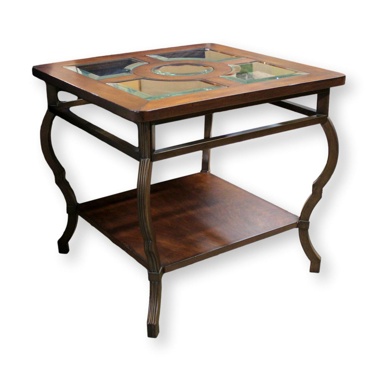 Square Wood & Metal End Table w/Glass Inserts