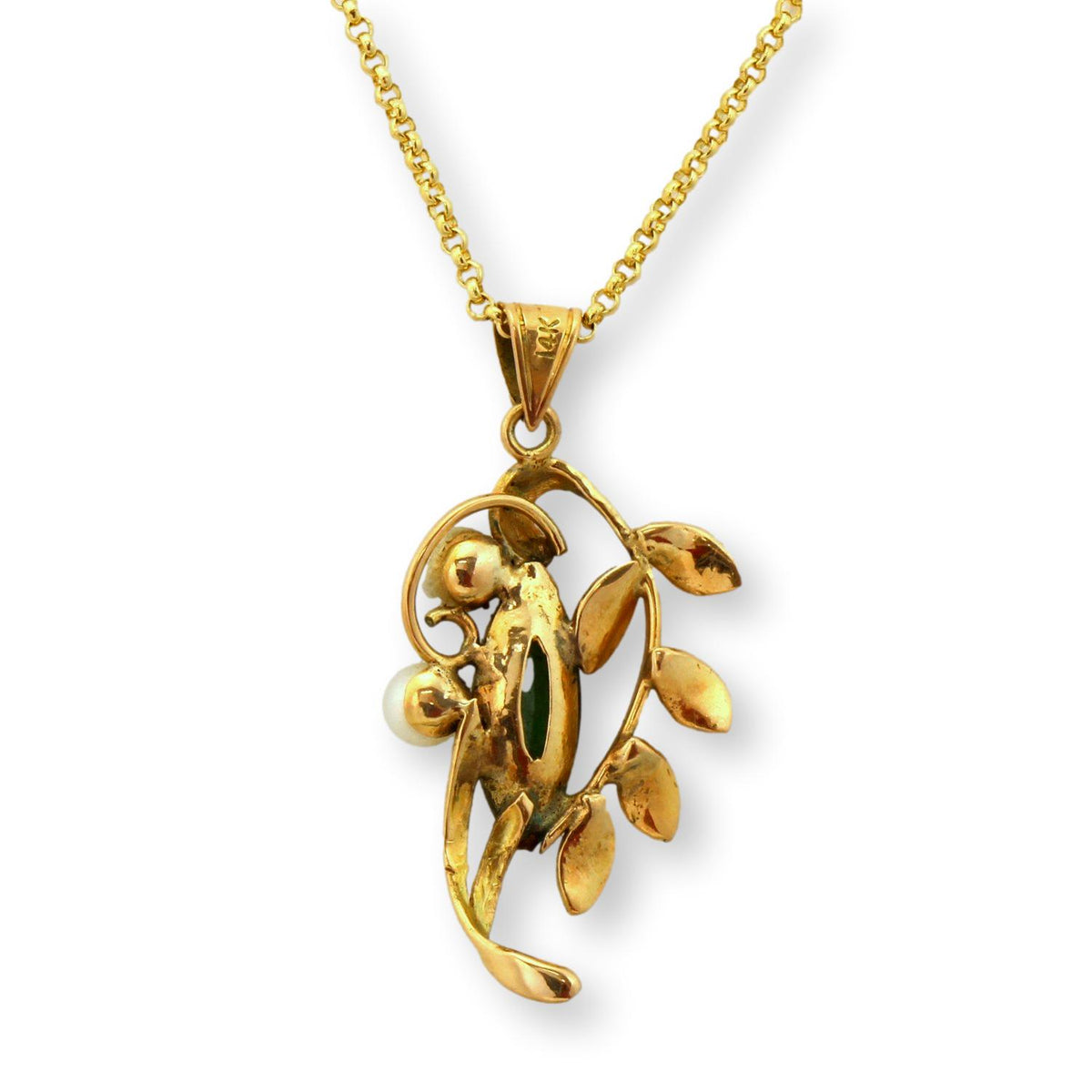 14K Gold Jade & Cultured Pearl Mid-Century Botanical Pendant