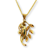 14K Gold Jade & Cultured Pearl Mid-Century Botanical Pendant