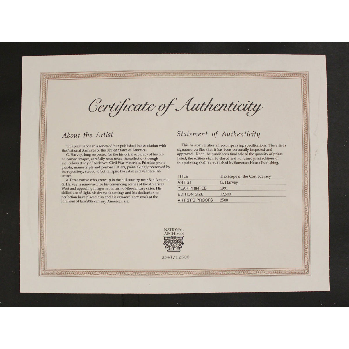 Framed Limited Edition Lithograph "Hope of the Confederacy" by G. Harvey