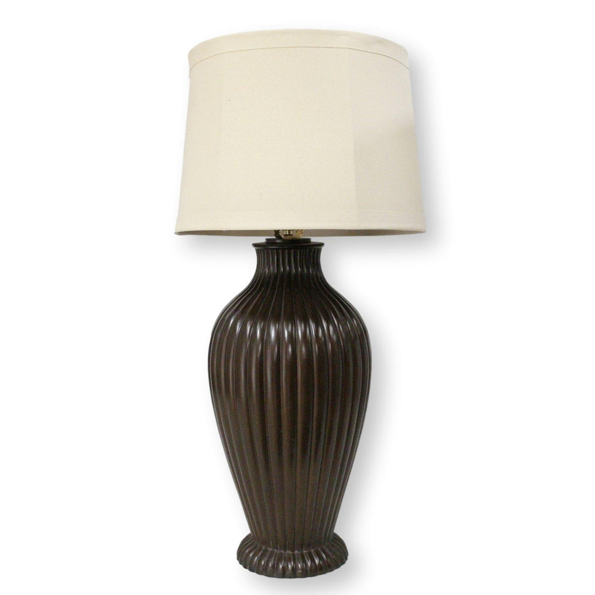 Brown Ribbed Urn Table Lamp w/Cream Shade