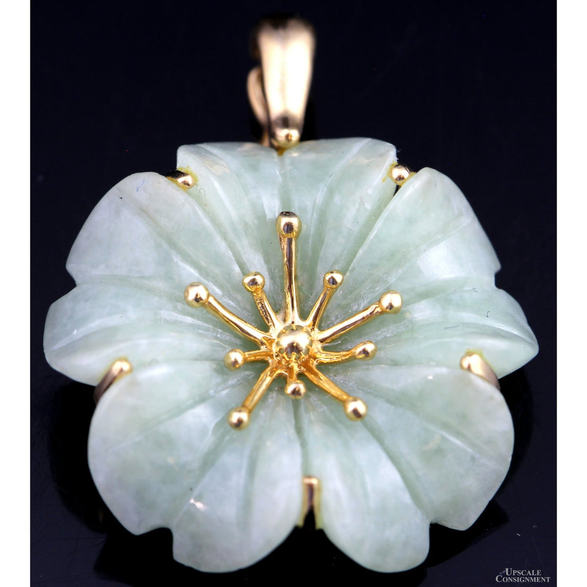14K Gold Green Jadeite Jade Flower Enhancer Pendant