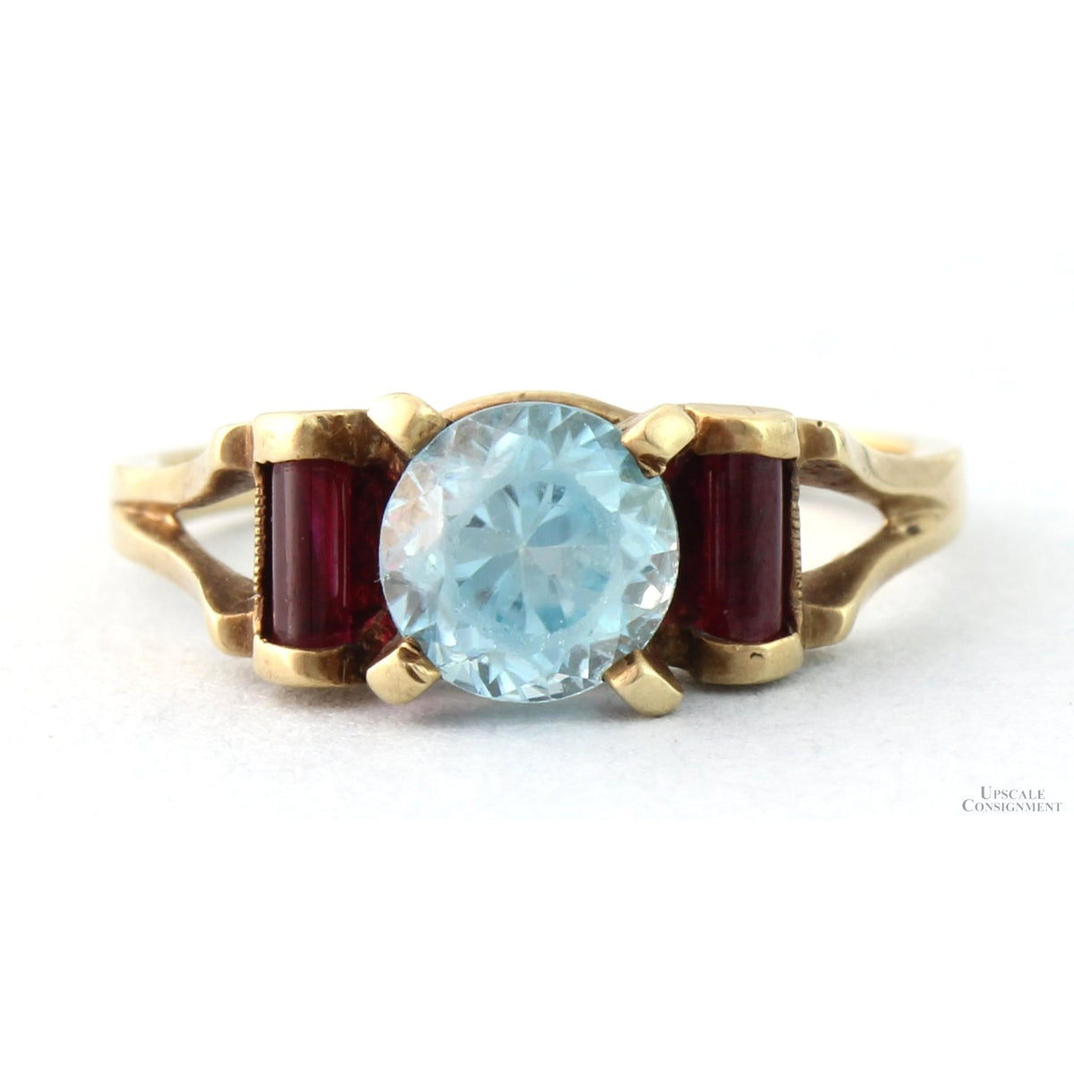 Art Deco Natural Blue Zircon & Created Ruby 10K Gold Ring