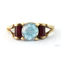 Art Deco Natural Blue Zircon & Created Ruby 10K Gold Ring
