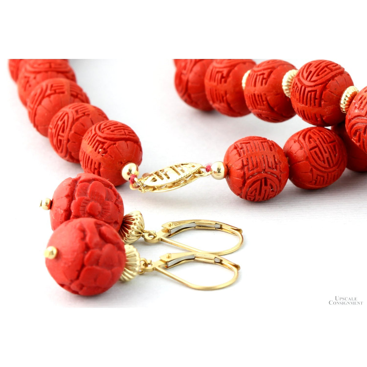 Red Cinnabar-Style Necklace & Earrings | Carved Shou Design