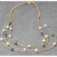 14K Gold Twisted Three-Strand Graduated Length Pearl Station Necklace