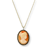 Carved Shell Cameo & Marcasite 800 Silver Pendant Brooch & Chain