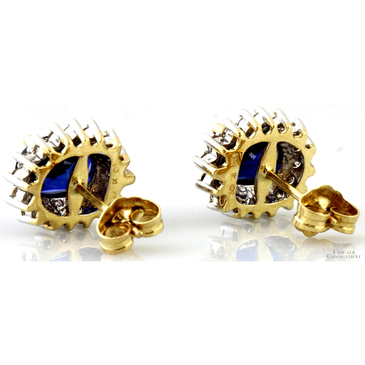 Signed Diamond Halo Blue Sapphire Earrings in 14K Gold