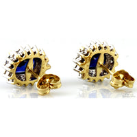Signed Diamond Halo Blue Sapphire Earrings in 14K Gold