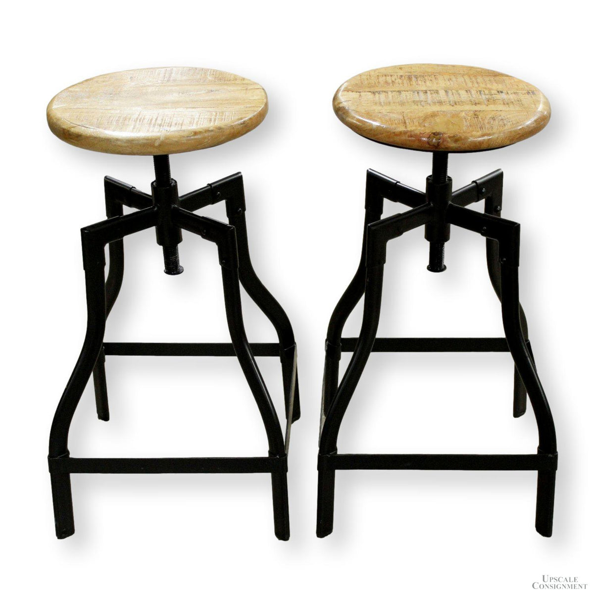 Pair of Adjustable Height Wood & Iron Stools