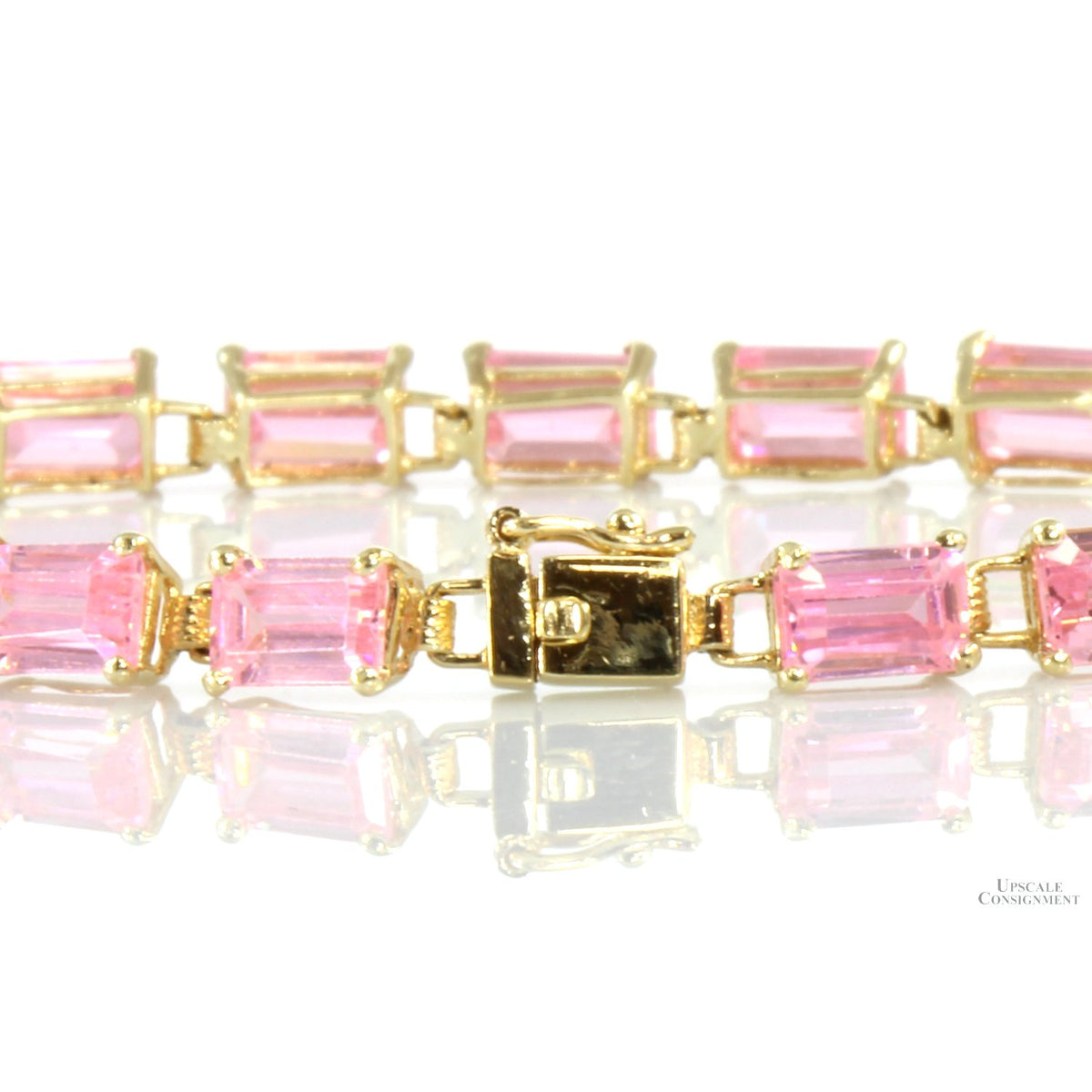 10K Gold Emerald Cut Pink Cubic Zirconia Link Bracelet
