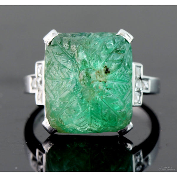 8.69ct Carved Natural Emerald & .26ctw Diamond Platinum Ring