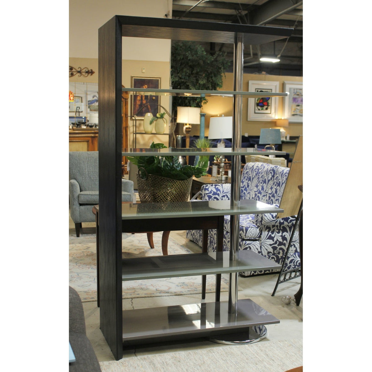 Modern Black Oak, Gray, & Chrome Etagere