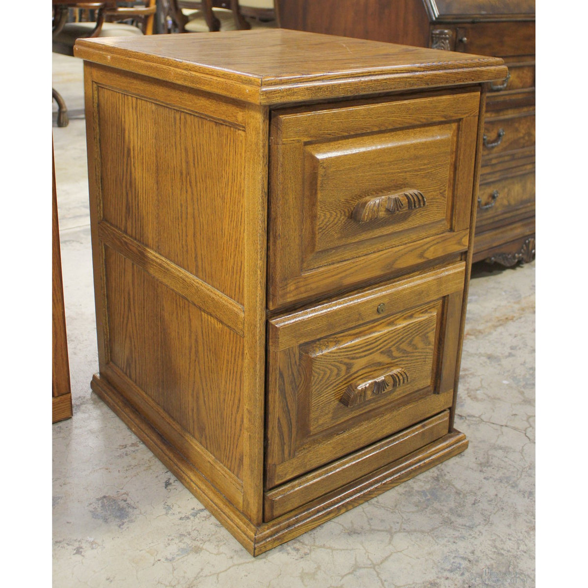 Oak 2 Drawer File Cabinet w/Carved Handles