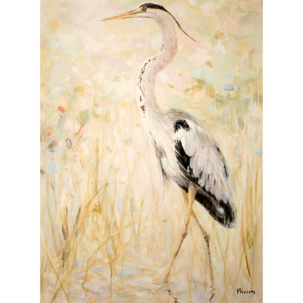 Framed Original Painting Left Facing Gray Heron in the Reeds