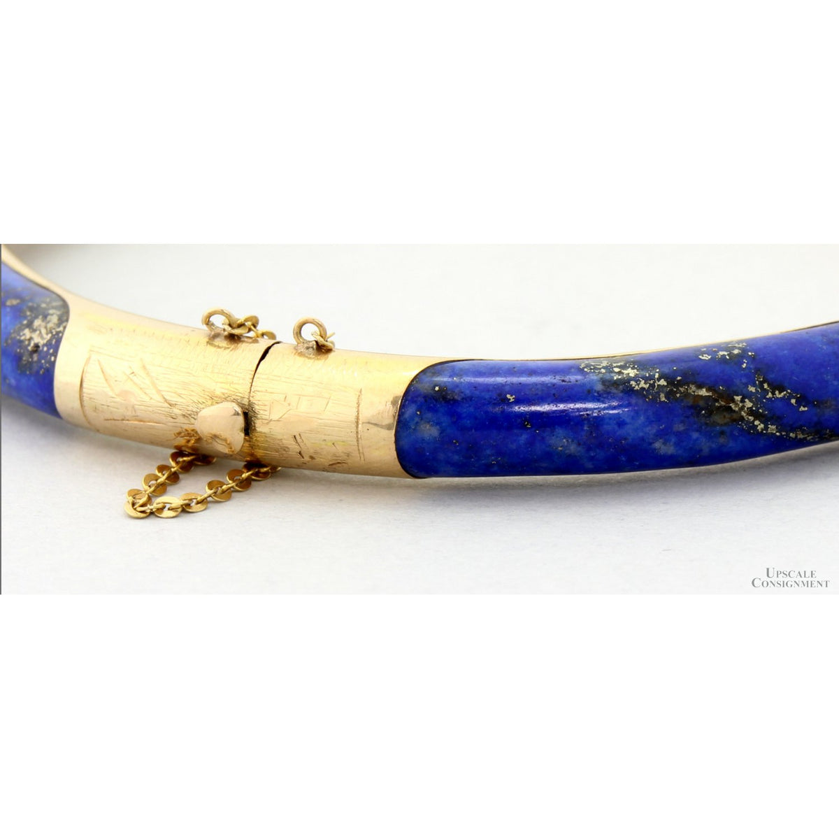 Vintage 14K Gold & Lapis Hinged Bangle | Natural Pyrite Inclusions