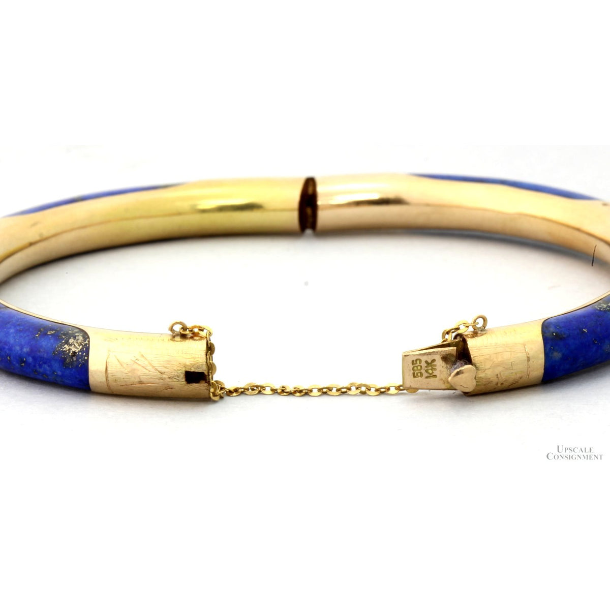 Vintage 14K Gold & Lapis Hinged Bangle | Natural Pyrite Inclusions