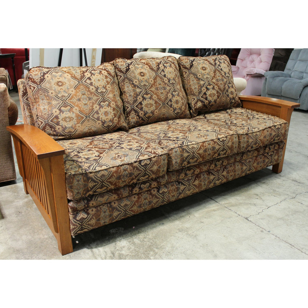 Mission Style Oak & Tapestry Sofa