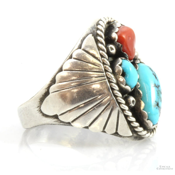 Sterling Silver Turquoise & Coral Man's Vintage Navajo Ring