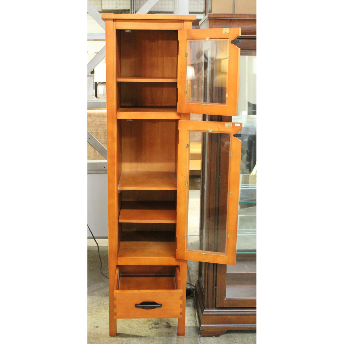Tall Narrow Maple Glass Door Cabinet