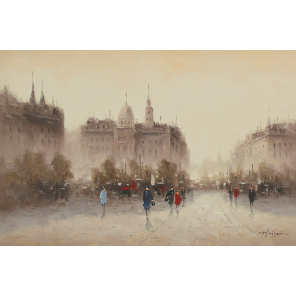 Framed Hand Embellished Oil -European Street Scene