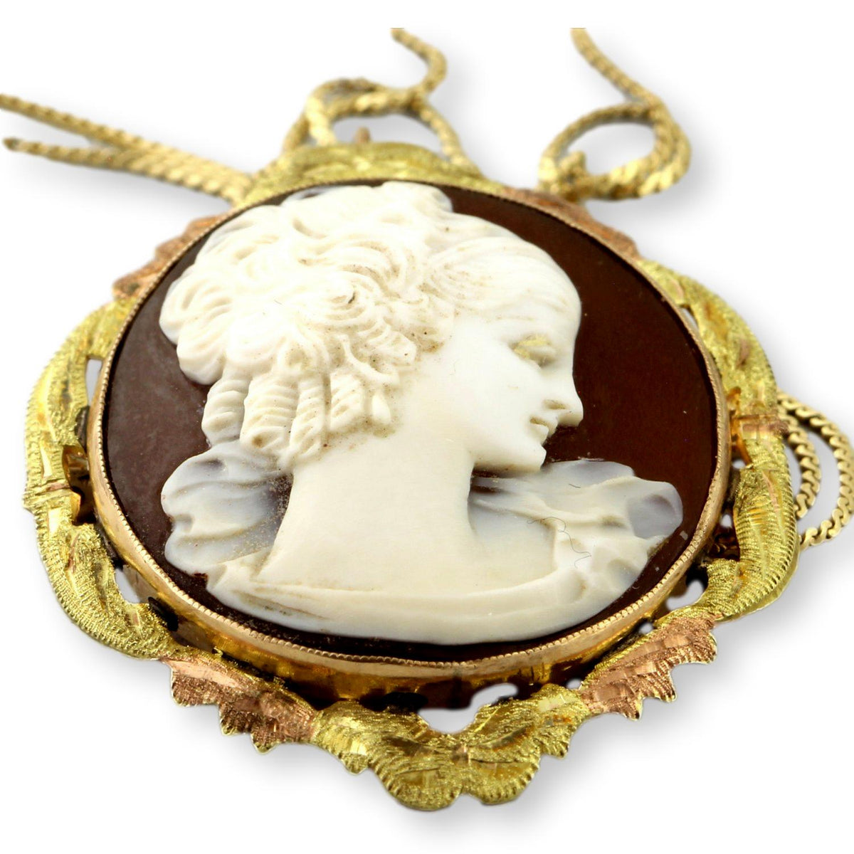 10K Yellow & Rose Gold Hand-Carved Shell Cameo Convertible Brooch Pendant with 14K Gold Chain