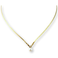 7mm Pearl & Diamond Pendant 14K Gold Herringbone Chain