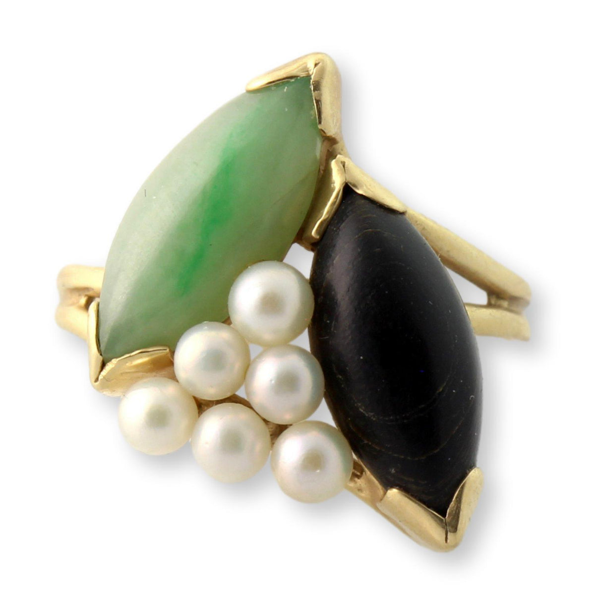 14K Jadeite, Black Coral & Pearl Ring | Hawaiiian Estate Jewelry