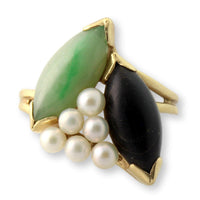 14K Jadeite, Black Coral & Pearl Ring | Hawaiiian Estate Jewelry