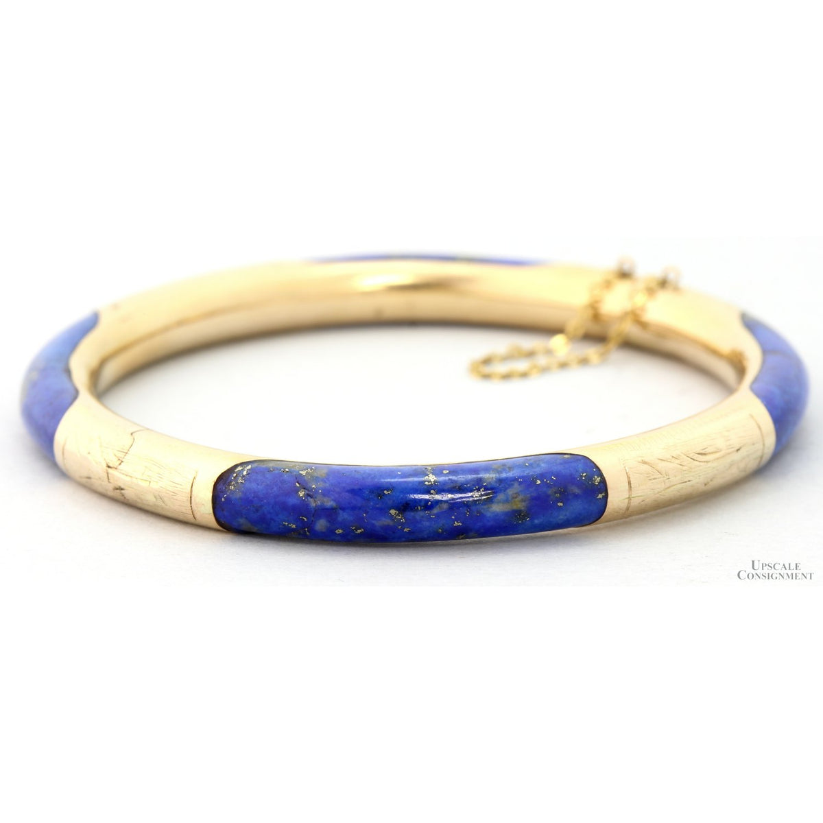 Vintage 14K Gold & Lapis Hinged Bangle | Natural Pyrite Inclusions