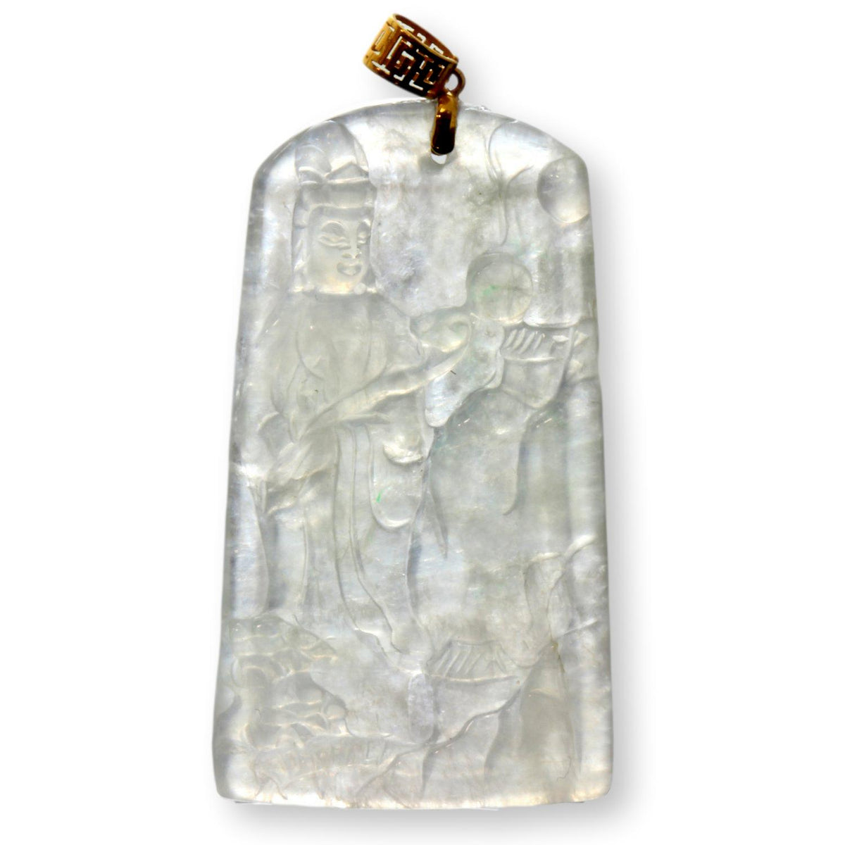 18K Gold Carved Icy White Grade A Translucent Jadeite Jade Buddha Pendant