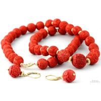 Red Cinnabar-Style Necklace & Earrings | Carved Shou Design