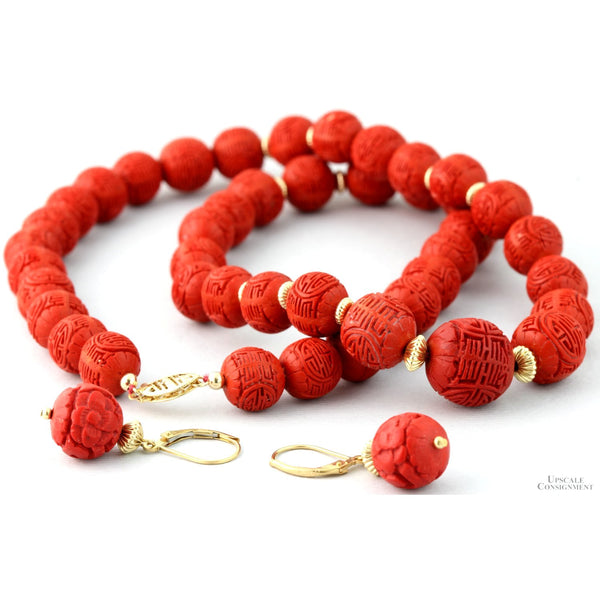 Red Cinnabar-Style Necklace & Earrings | Carved Shou Design